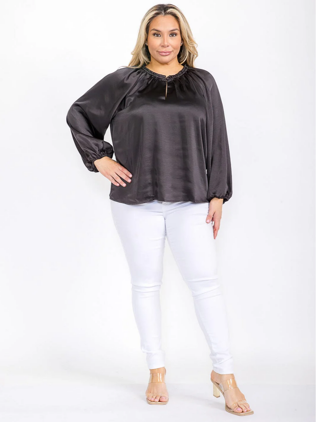 Plus Size Black Long Sleeve Satin Blouse - STT17104SX