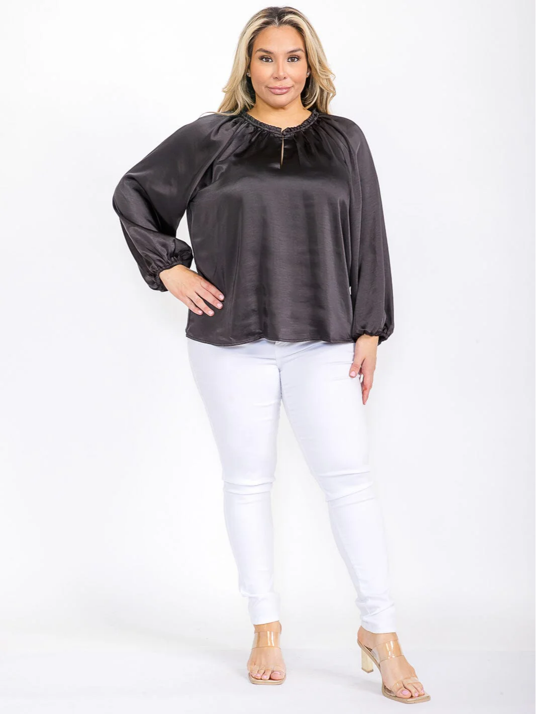 Plus Size Black Long Sleeve Satin Blouse - STT17104SX