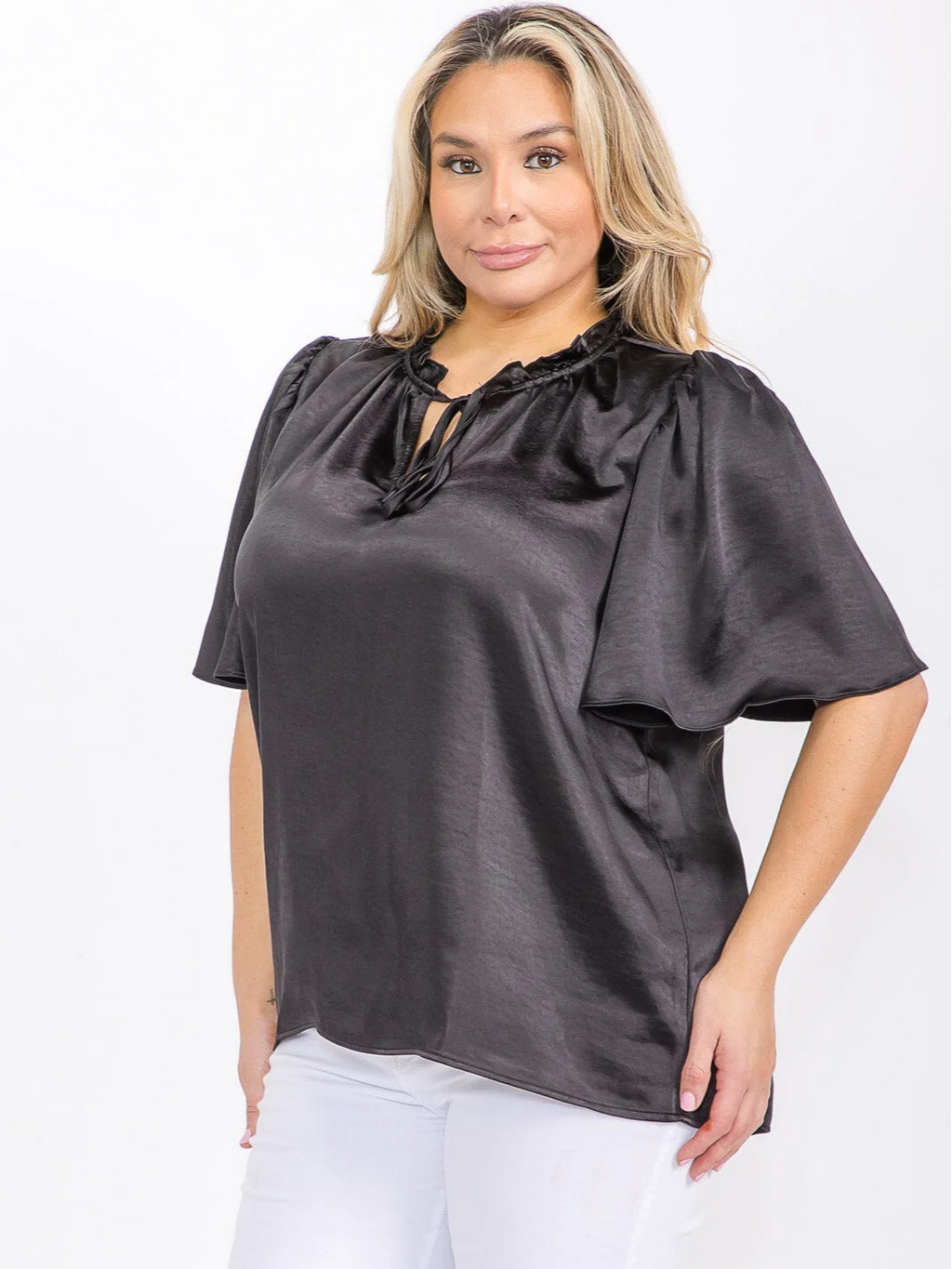 Plus Size Black Satin Top - STT16788SAX
