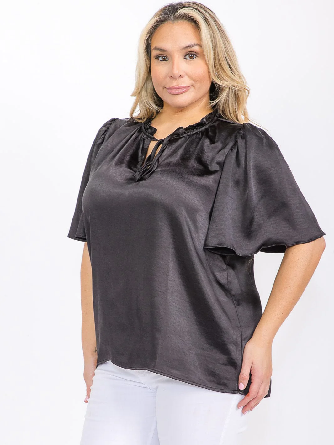 Plus Size Black Satin Top - STT16788SAX
