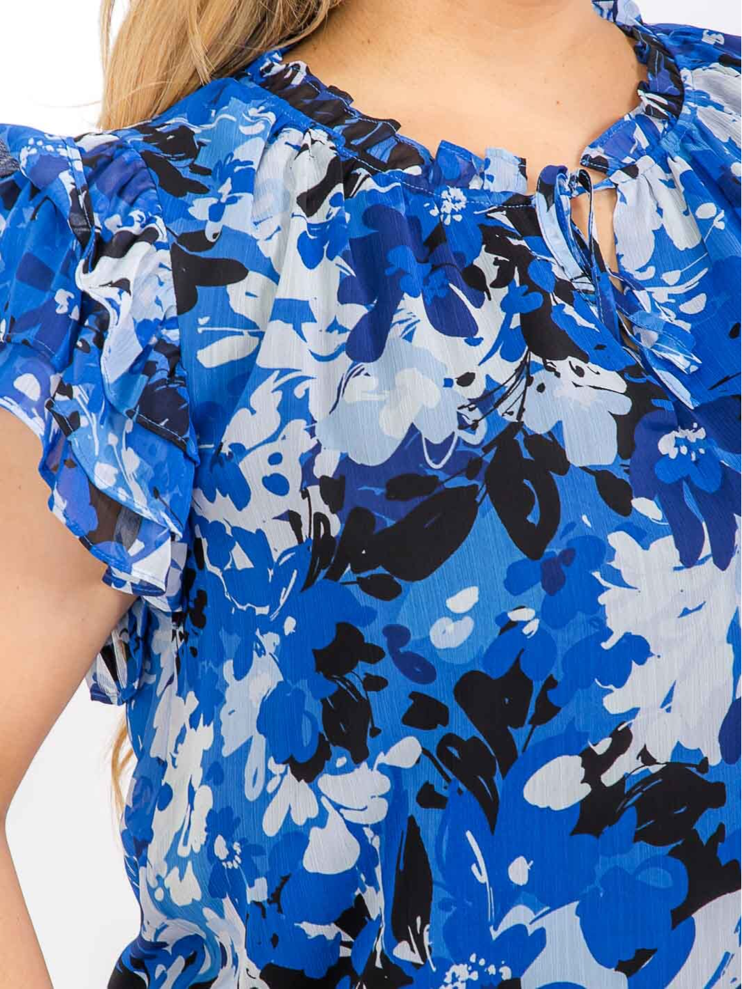 Plus Size Blue/White Ruffle Blouse - STT16603PBX