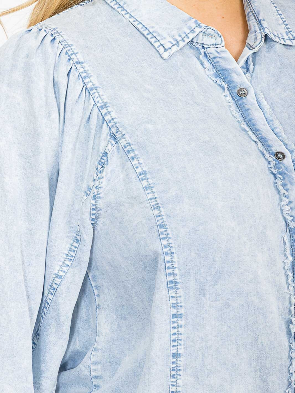 Plus Size Puff Sleeve Button Up Chambray Denim Blouse - 15214TPL