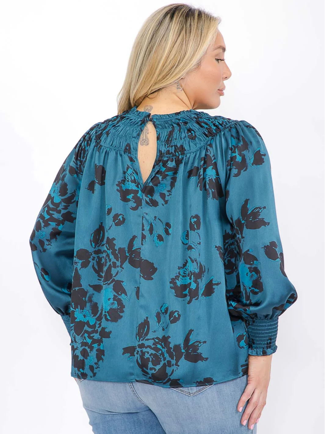 Plus Size Long Sleeve Smock Neck Teal/Black Blouse - STT17066PX