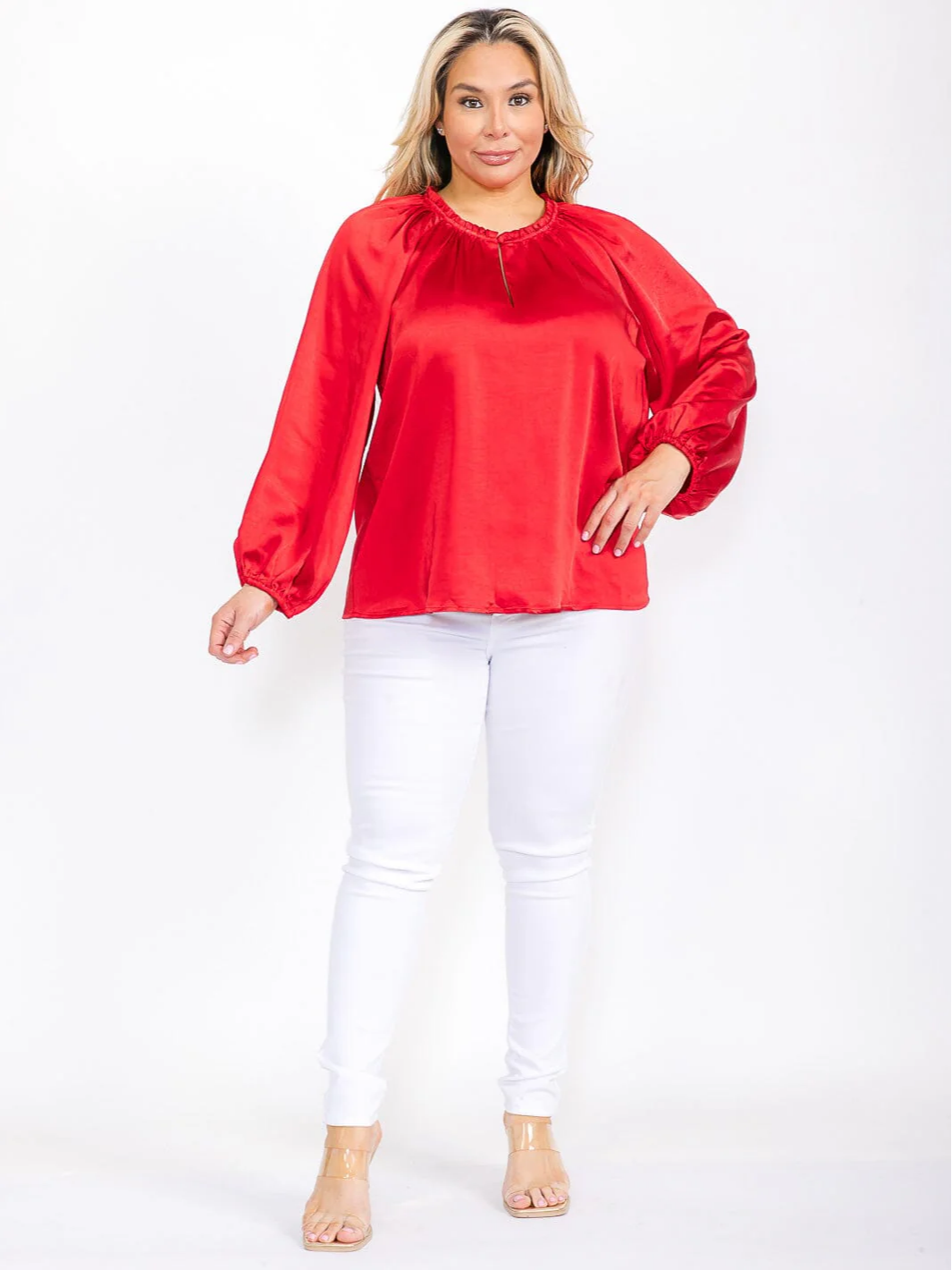 Plus Size Red Long Sleeve Satin Blouse - STT17104SX