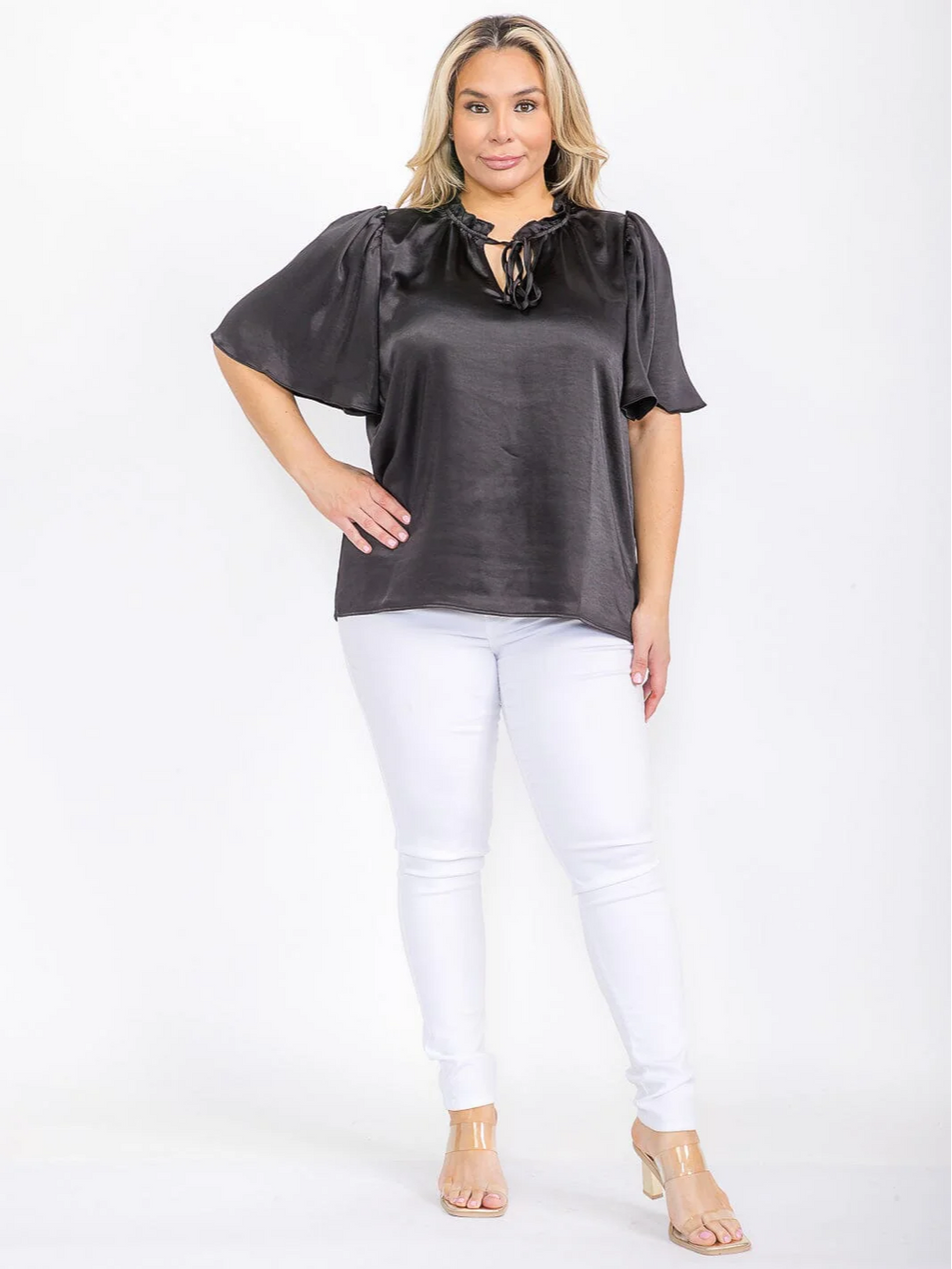 Plus Size Black Satin Top - STT16788SAX
