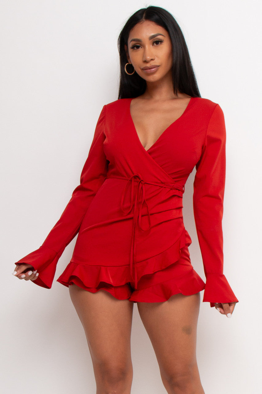 Red Ruffle Long Sleeve Jumpsuit - 1008