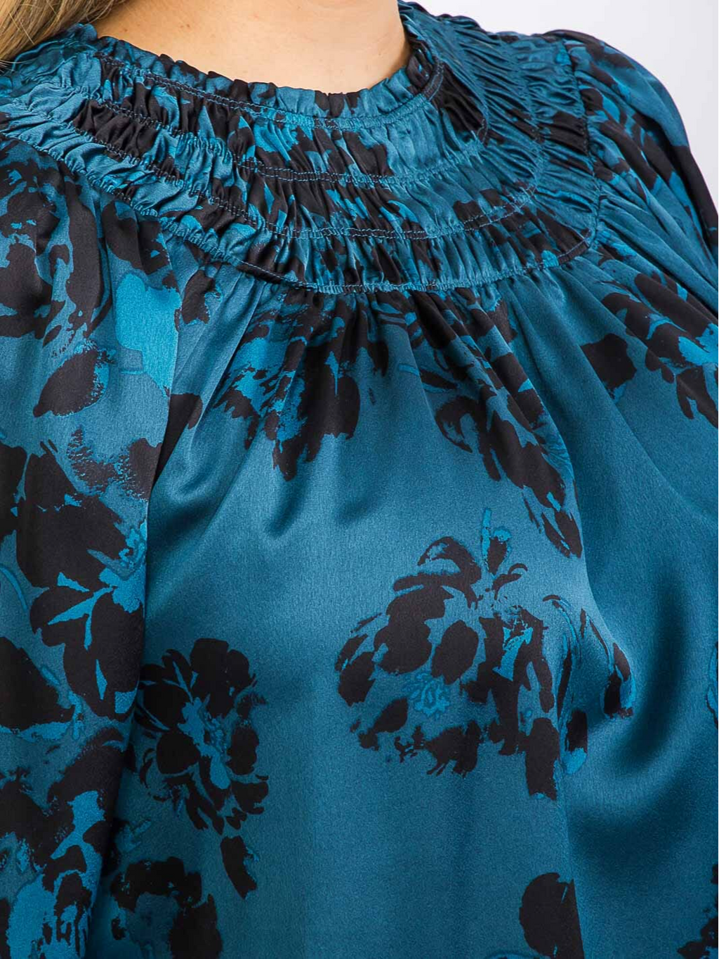 Plus Size Long Sleeve Smock Neck Teal/Black Blouse - STT17066PX