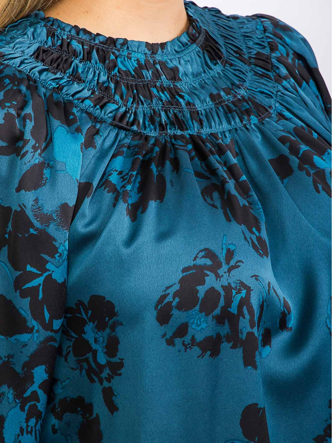 Plus Size Long Sleeve Smock Neck Teal/Black Blouse - STT17066PX