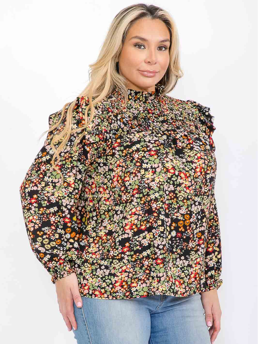 Plus Size Long Sleeve Mock Neck Floral Smock Top - STT16195AAX
