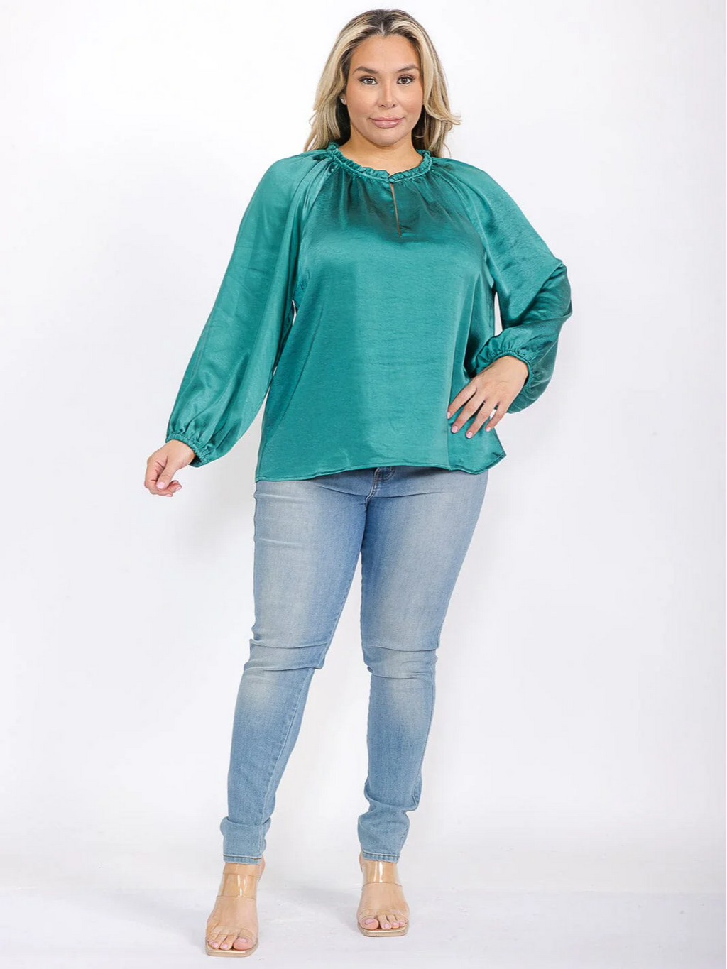 Plus Size Green Long Sleeve Satin Blouse - STT17104SX