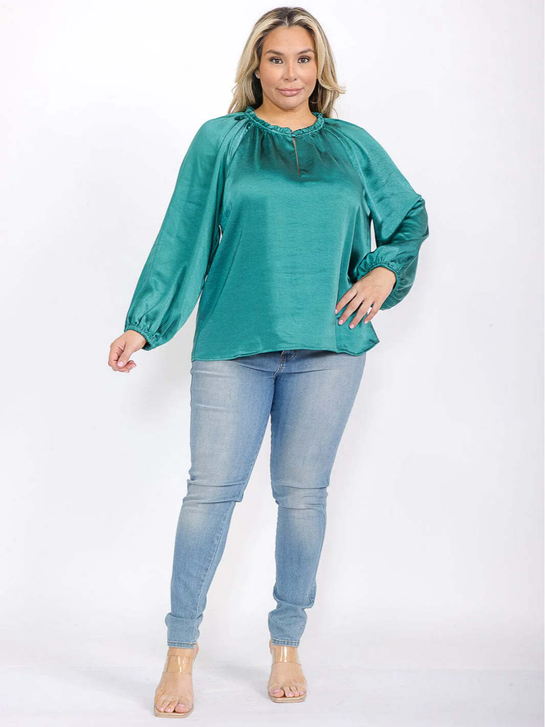 Plus Size Green Long Sleeve Satin Blouse - STT17104SX
