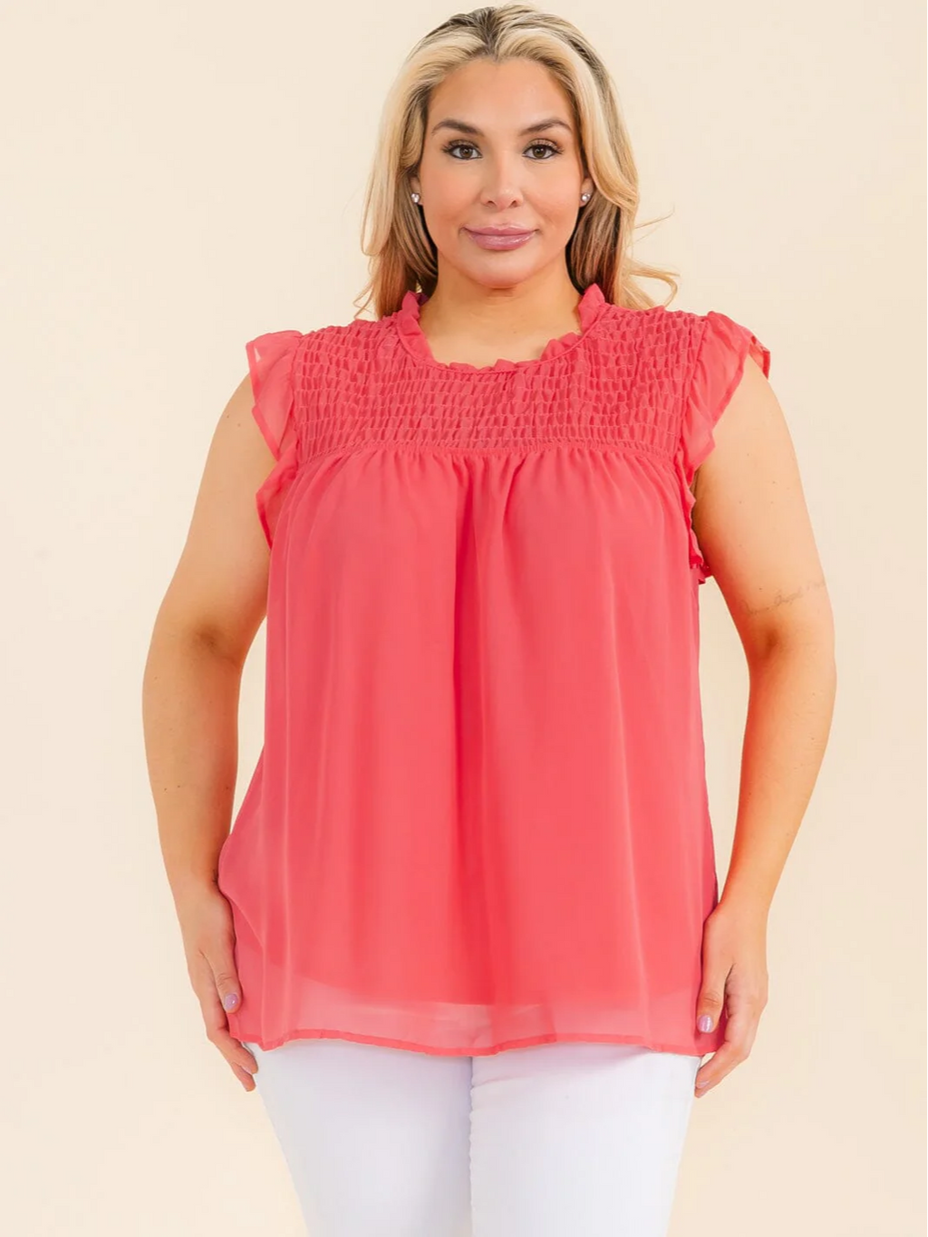 Plus Size Coral Tiered Short Sleeve Blouse - VT28366