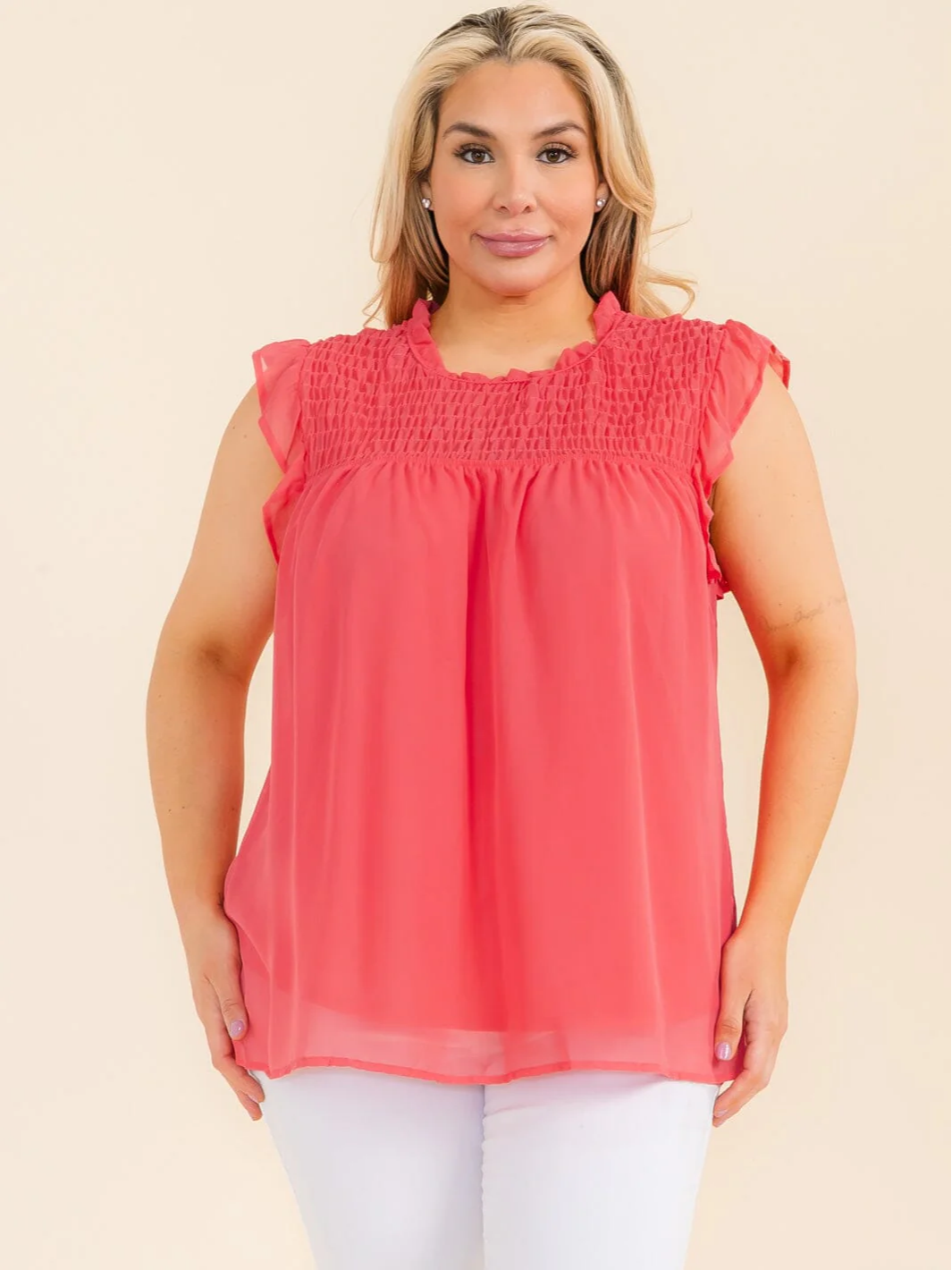 Plus Size Coral Tiered Short Sleeve Blouse - VT28366