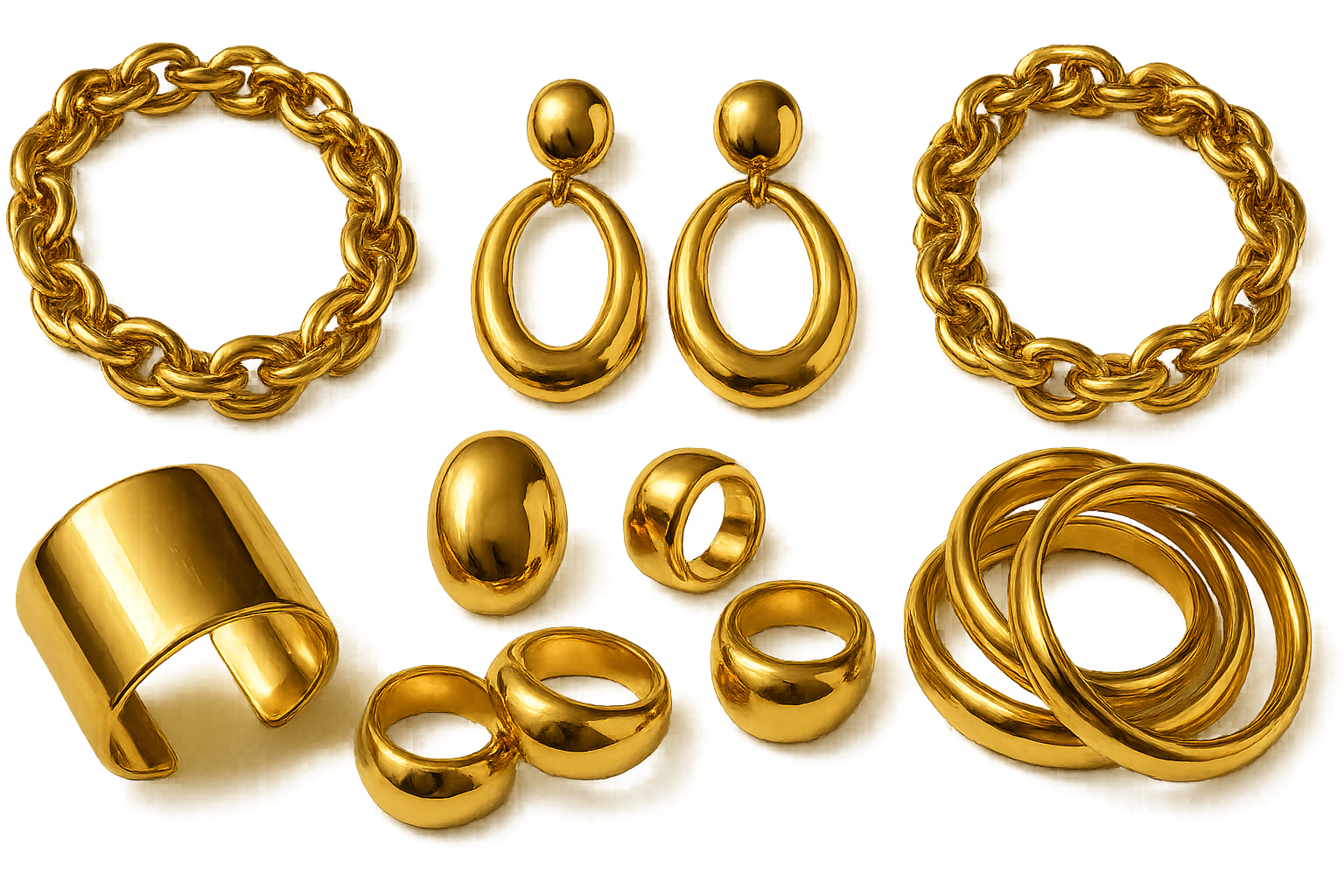 generate a collection of big gold accessories with transparent background