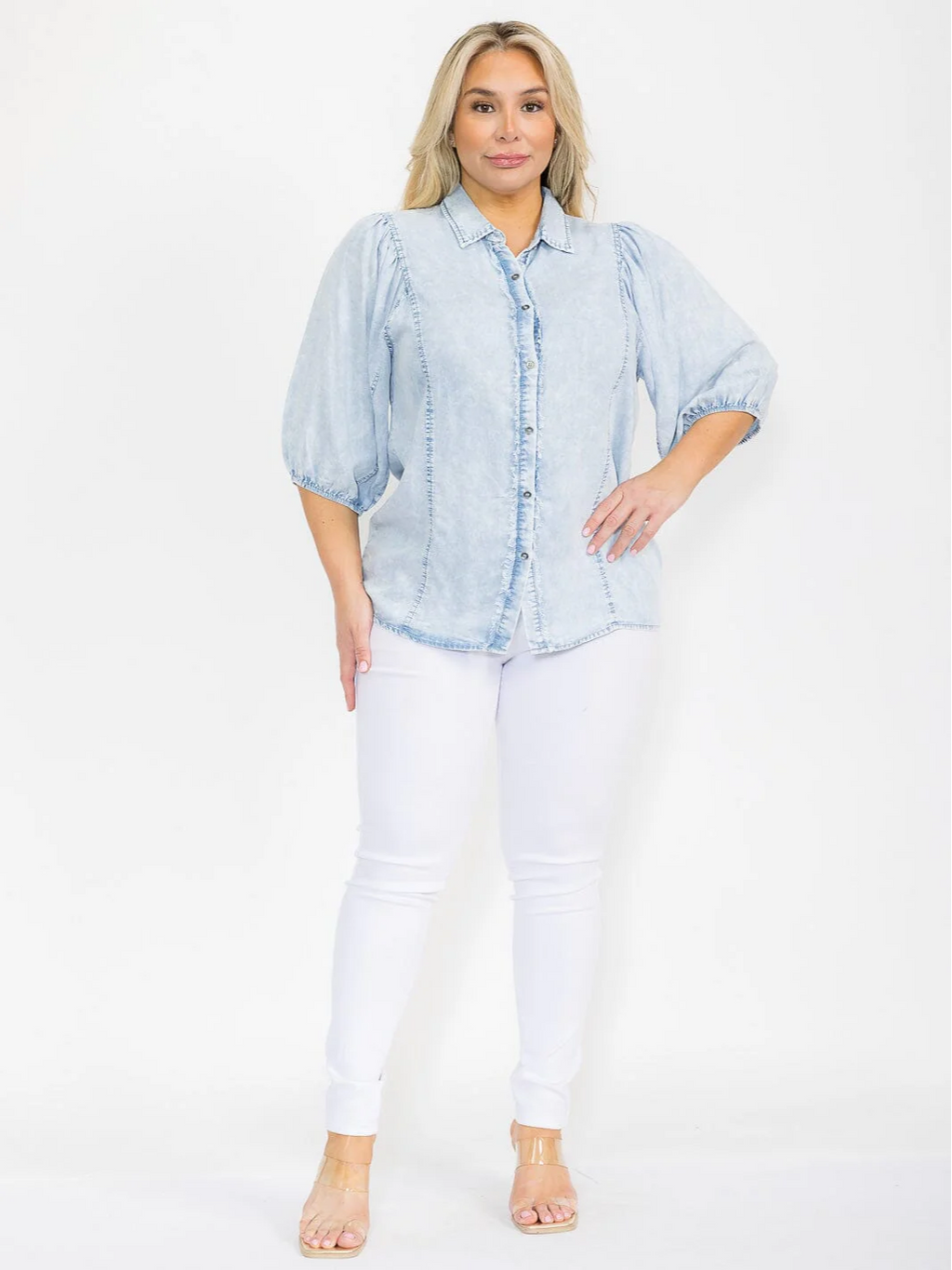 Plus Size Puff Sleeve Button Up Chambray Denim Blouse - 15214TPL