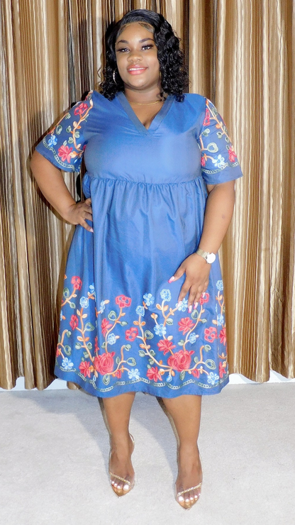 Mid-size Floral Embroidery Denim Dress