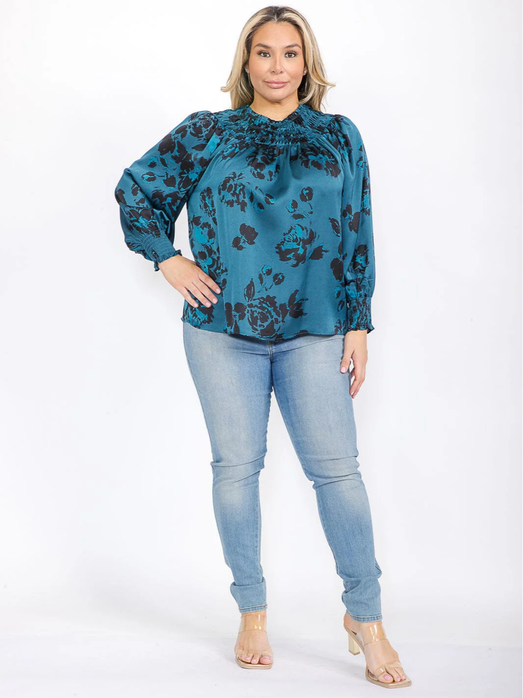 Plus Size Long Sleeve Smock Neck Teal/Black Blouse - STT17066PX