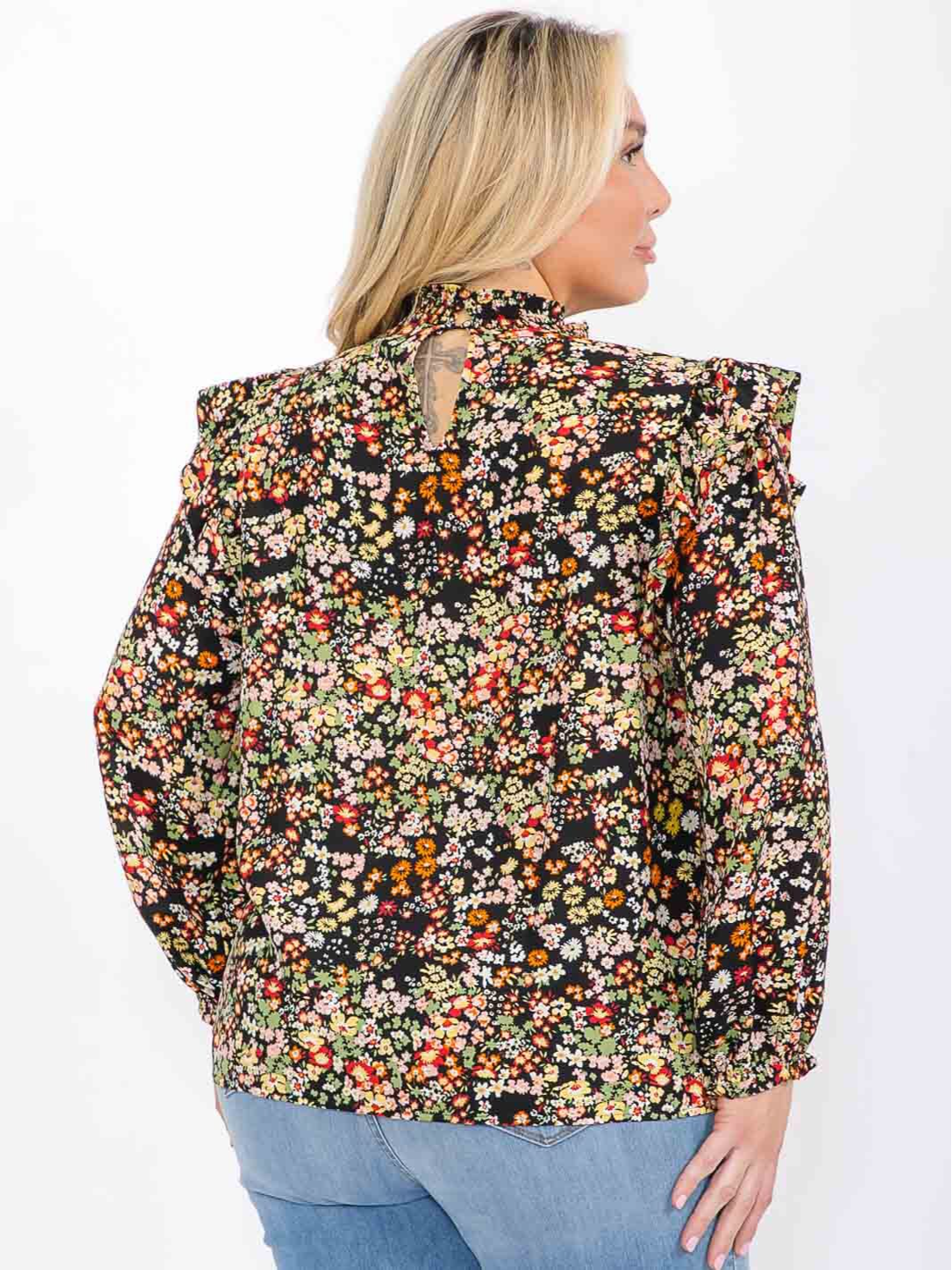 Plus Size Long Sleeve Mock Neck Floral Smock Top - STT16195AAX