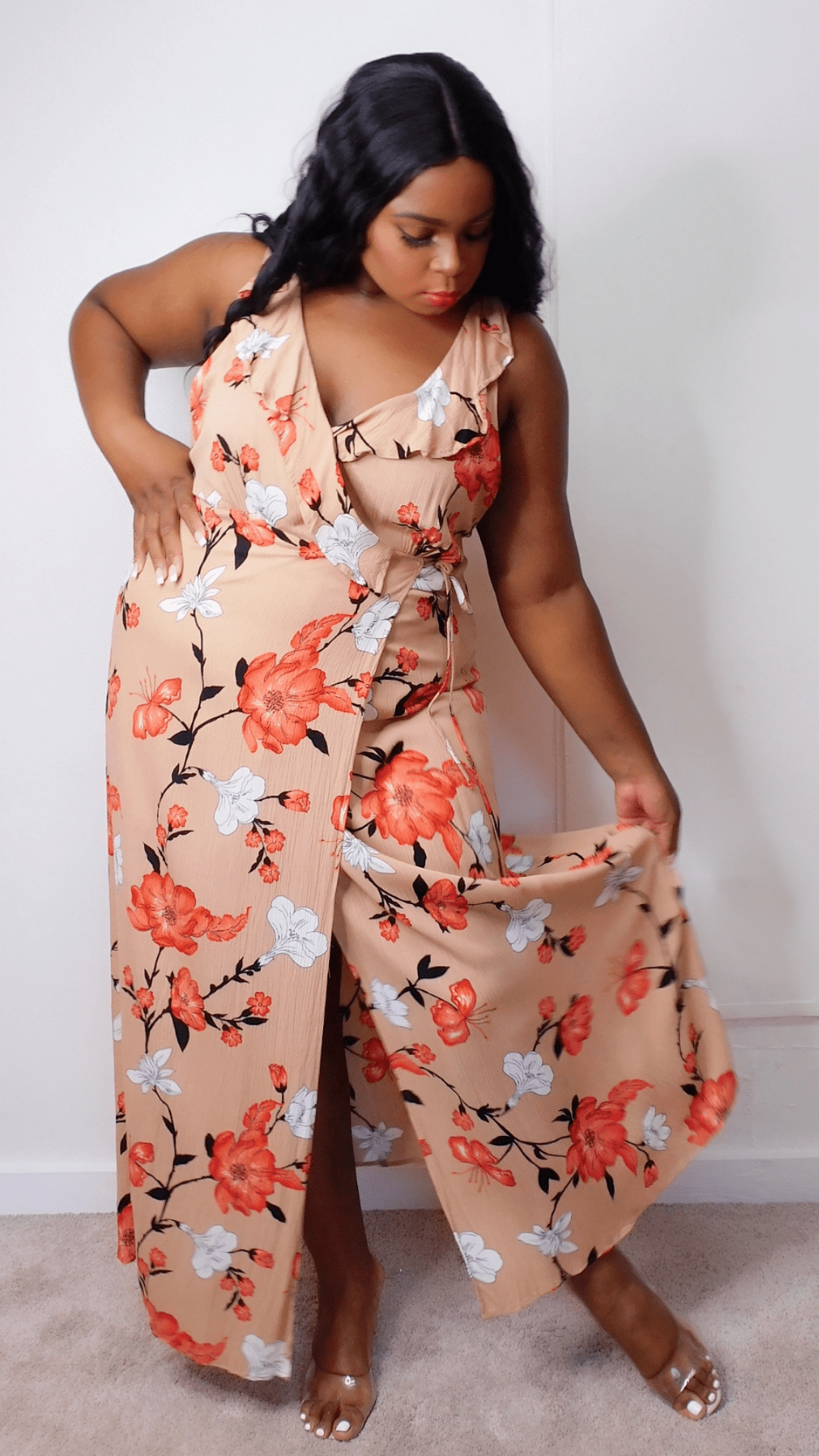 Plus Size Tan Floral Maxi Wrap Dress