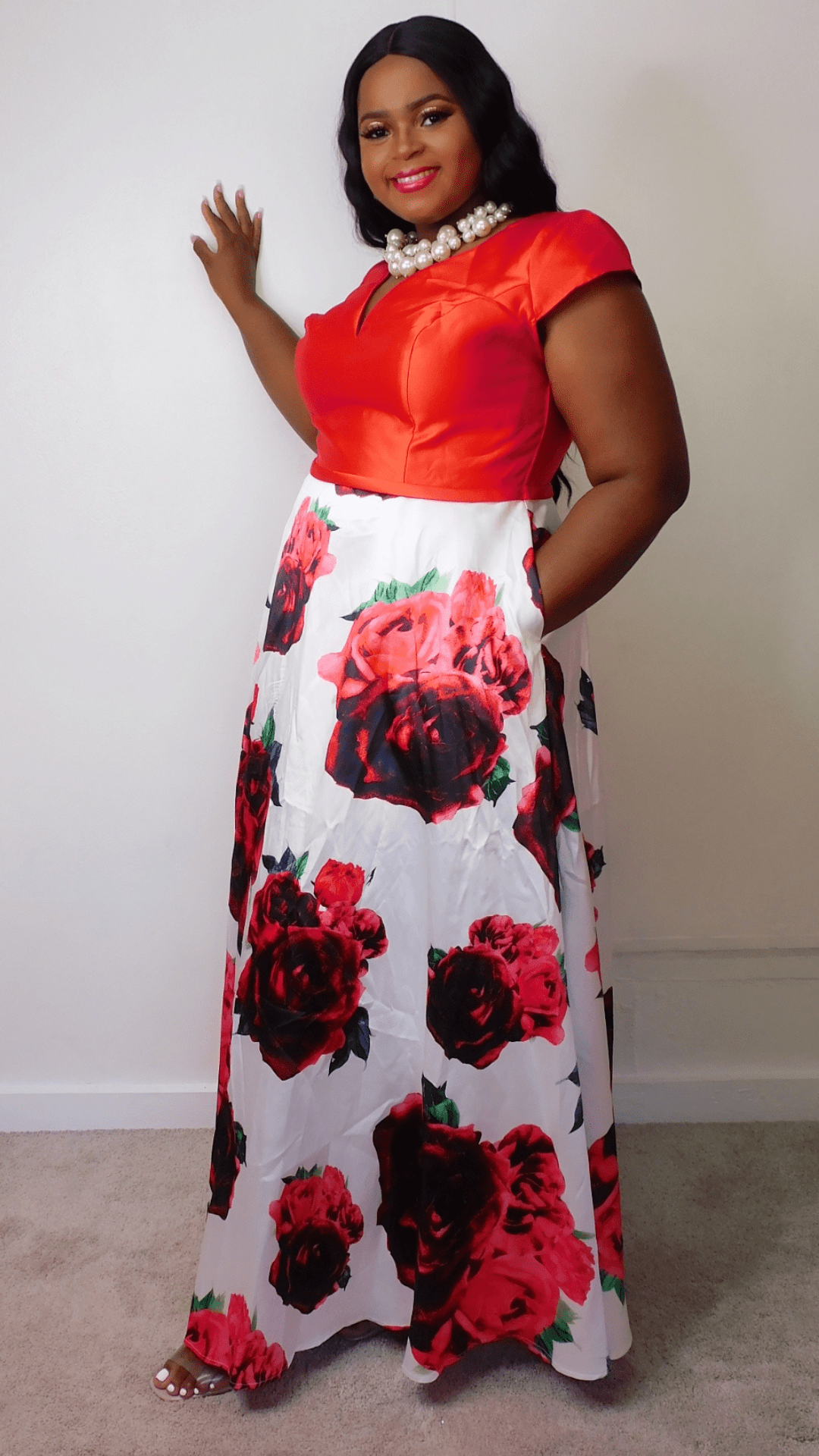 Mid-size Red Rose Print Formal Dress