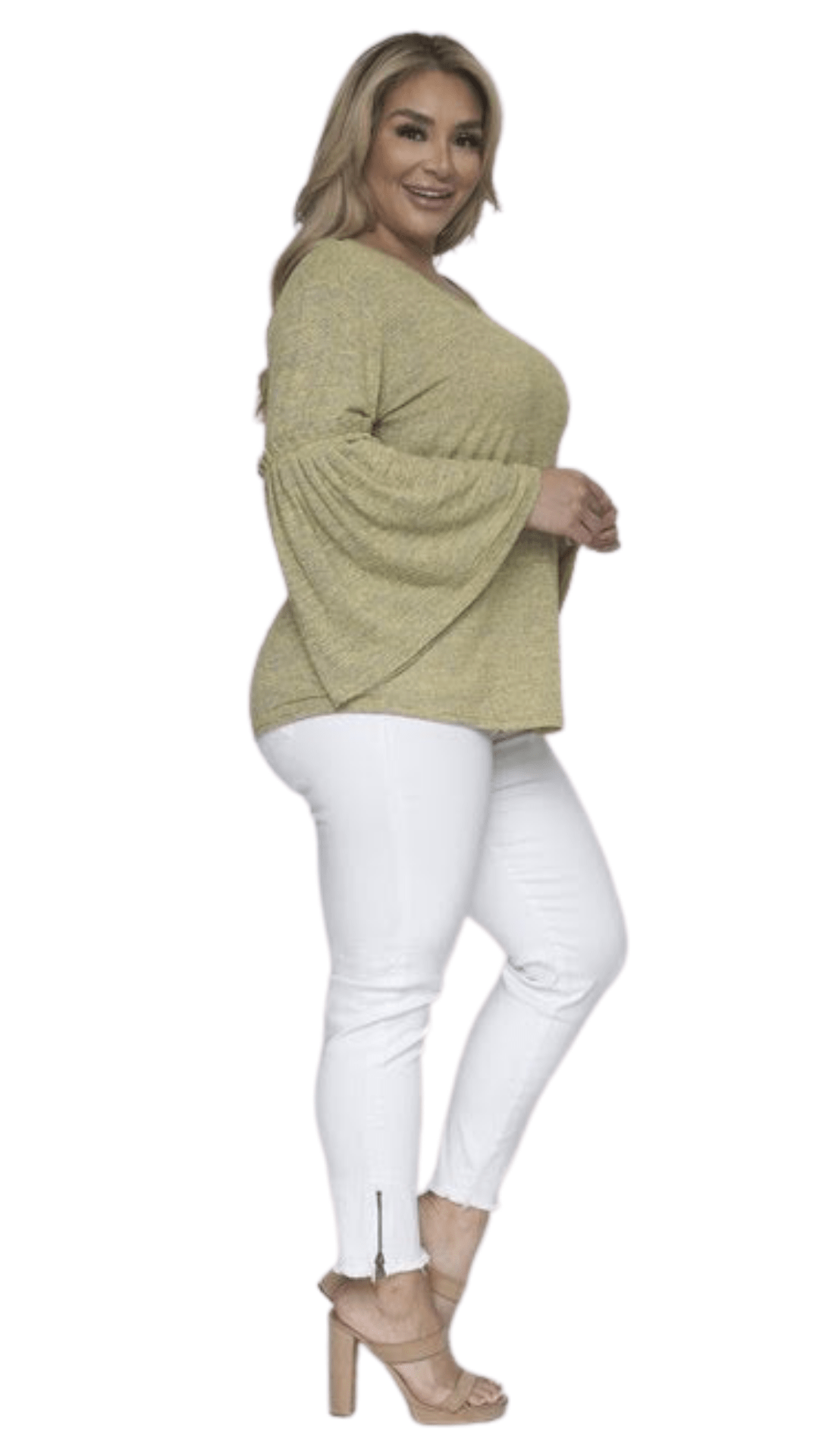 Plus Size Yellow-Gray Long Belle Sleeve Top