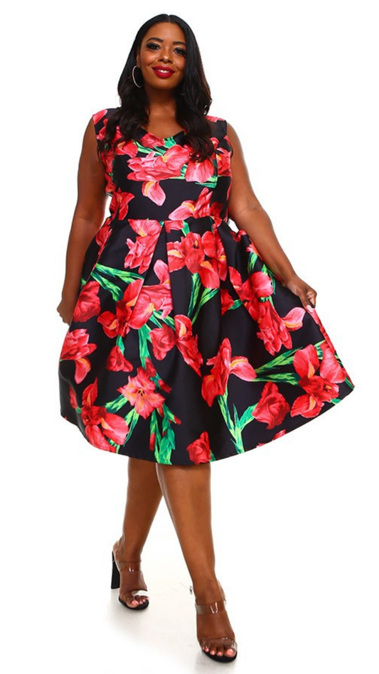 Plus Size Rose Print Elegant Midi Dress
