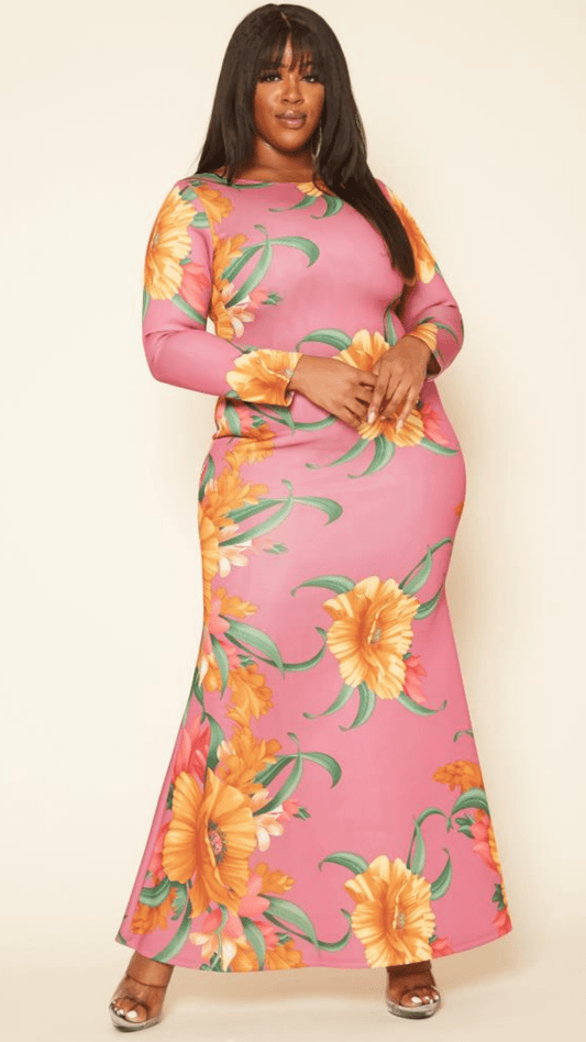 Plus Size Floral Pink Solid Mermaid Maxi Dress