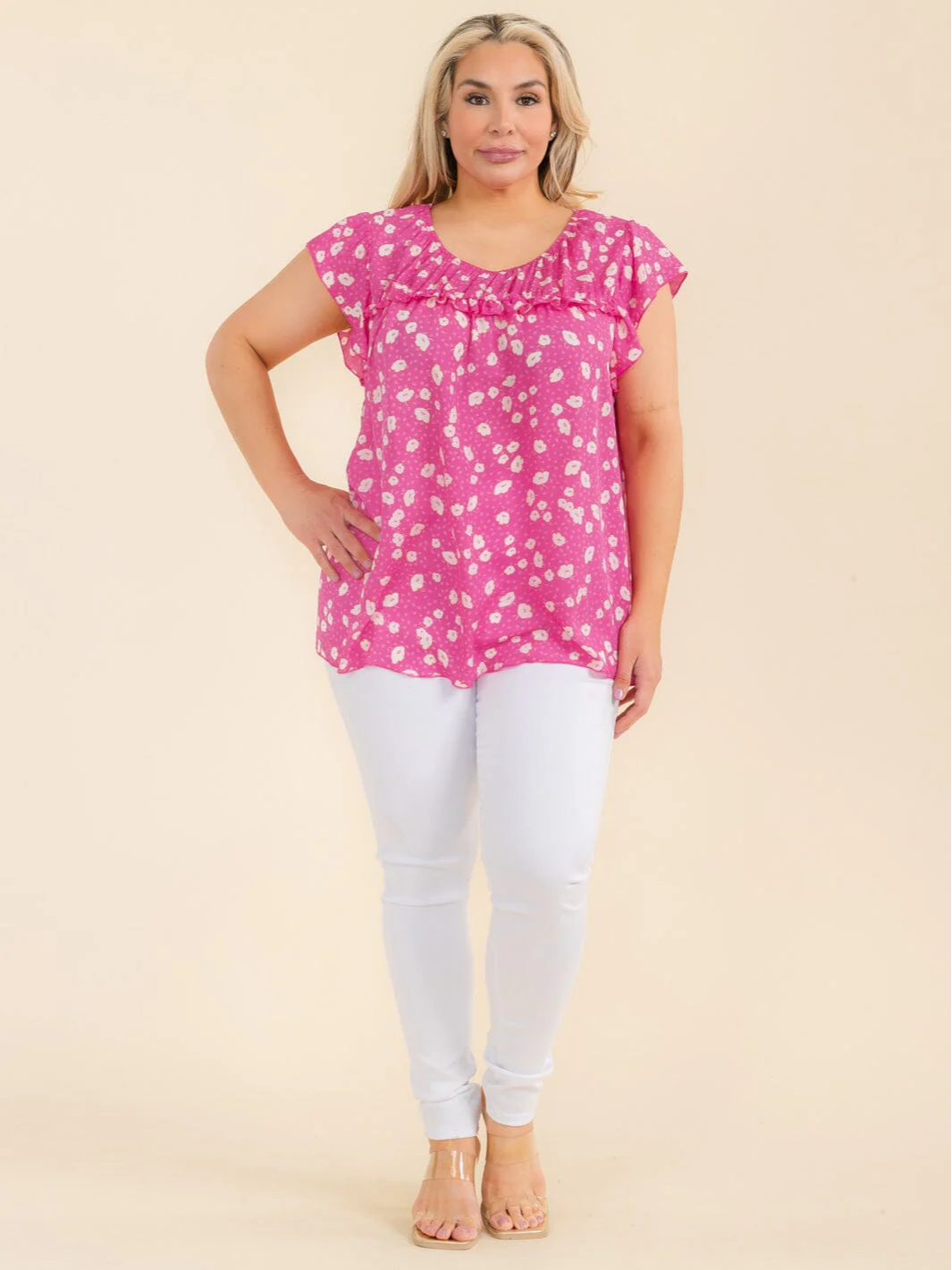 Plus Size Pink Floral Tunic Blouse - VT28292