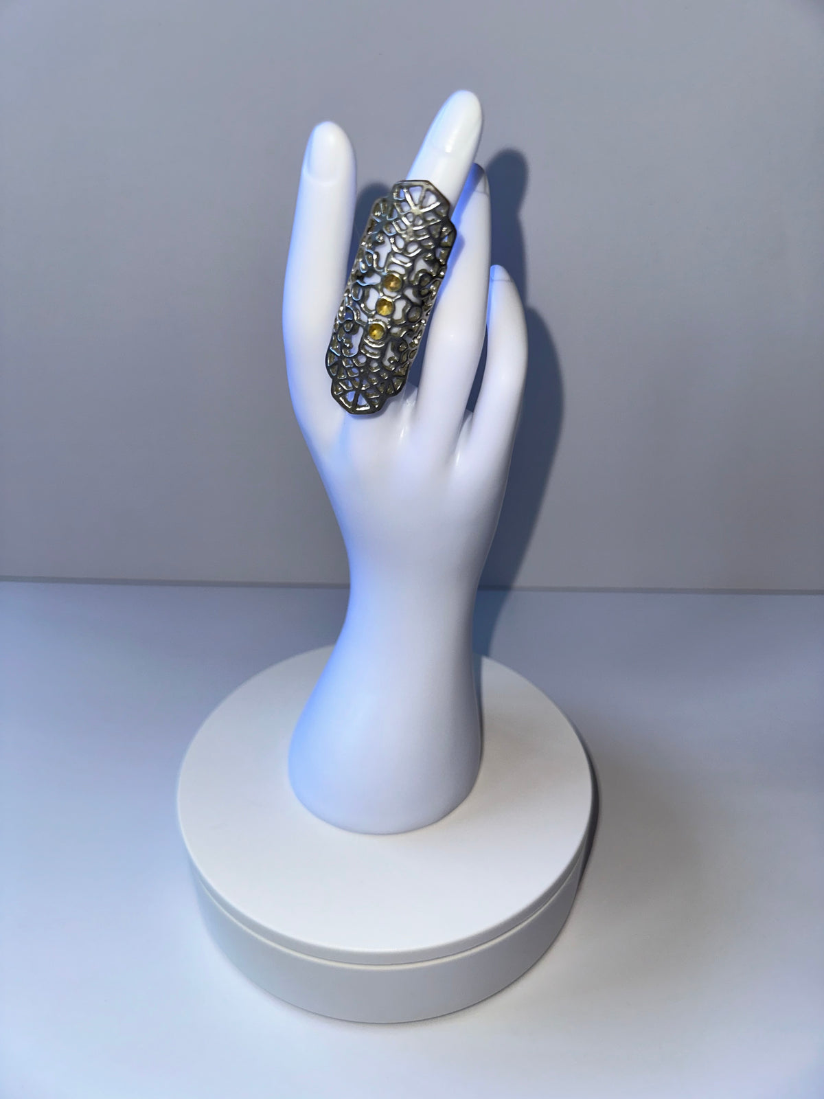 Stainless Steel Silver Long Hallow Diamond Ring - 1602