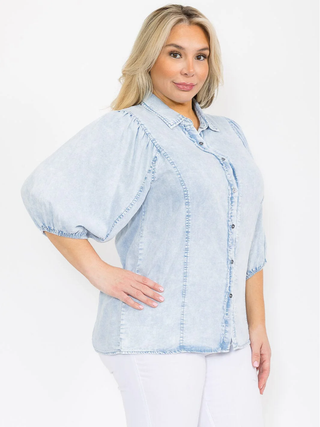 Plus Size Puff Sleeve Button Up Chambray Denim Blouse - 15214TPL