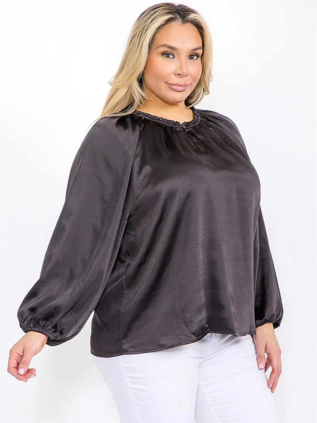 Plus Size Black Long Sleeve Satin Blouse - STT17104SX