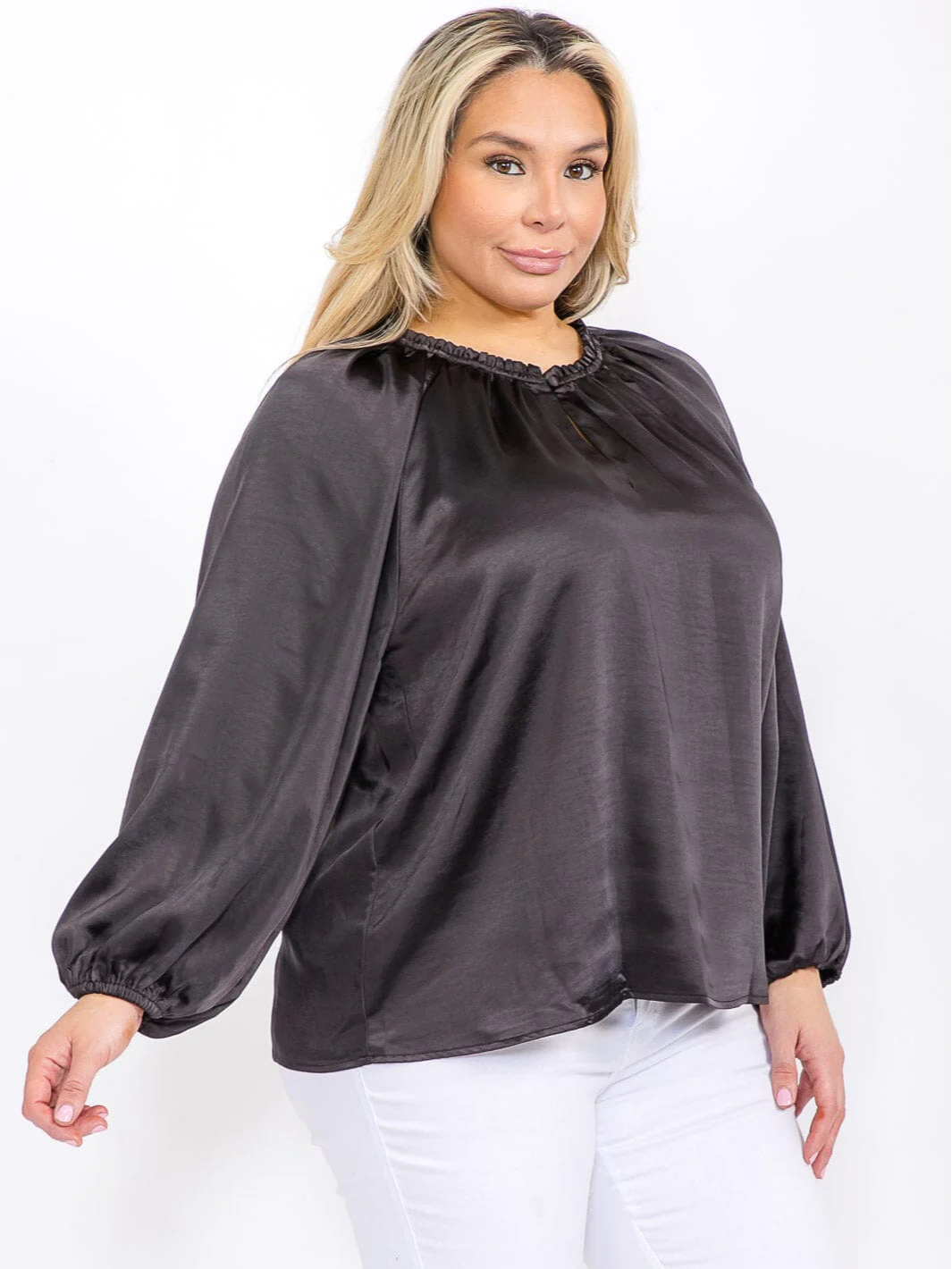 Plus Size Black Long Sleeve Satin Blouse - STT17104SX