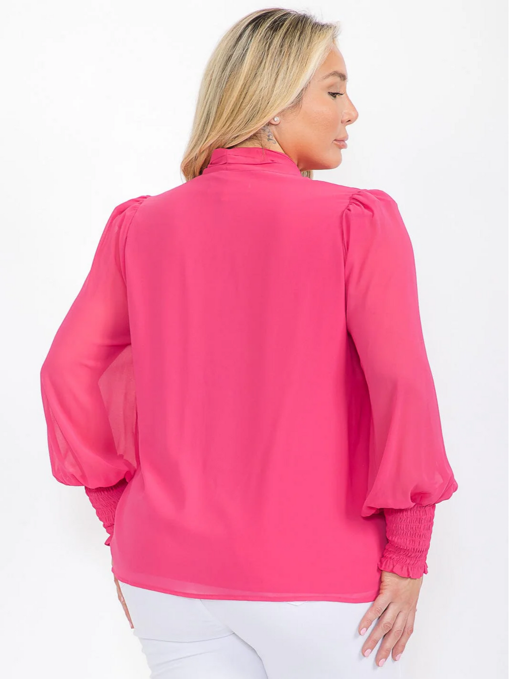 Plus Size Pink Long Sleeve Tie Neck Solid Blouse - STT16919SX