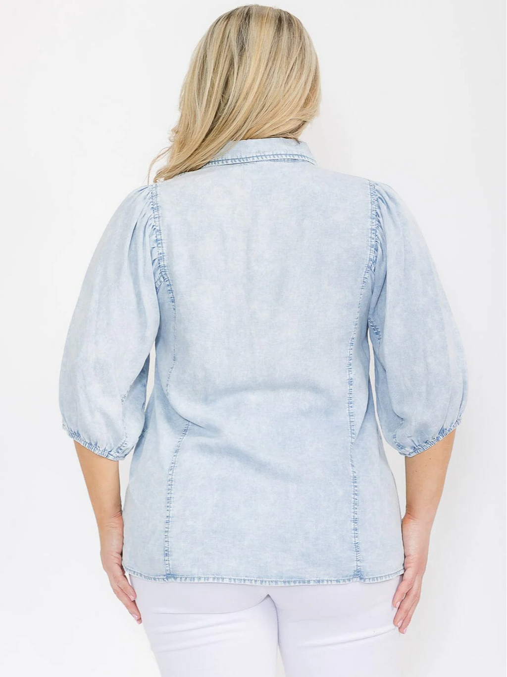 Plus Size Puff Sleeve Button Up Chambray Denim Blouse - 15214TPL