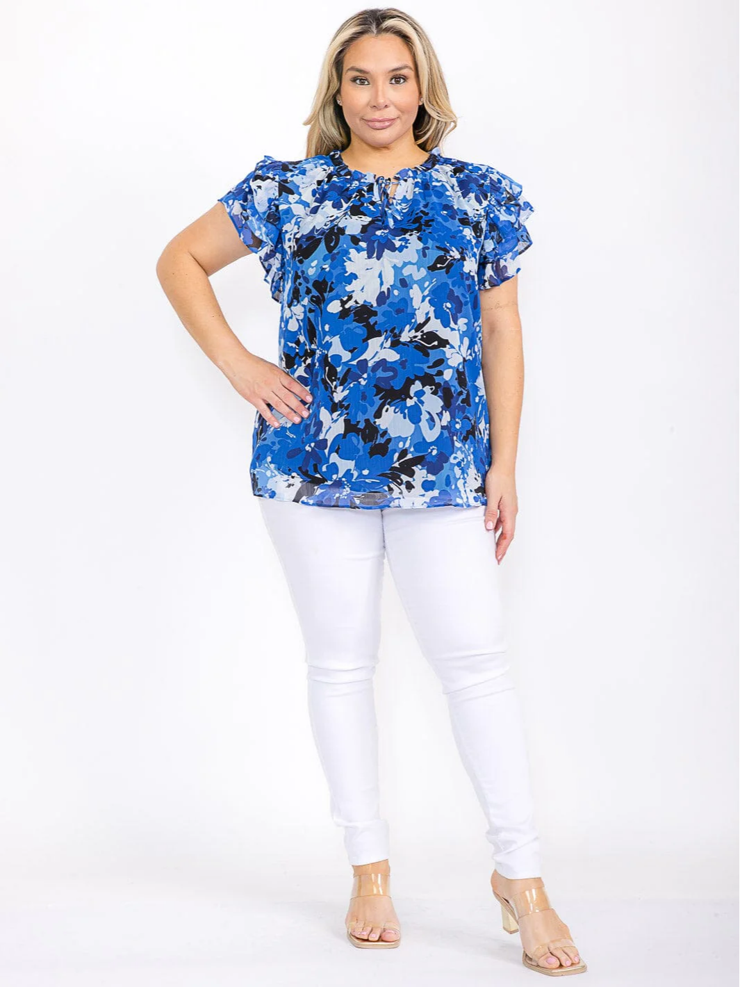 Plus Size Blue/White Ruffle Blouse - STT16603PBX