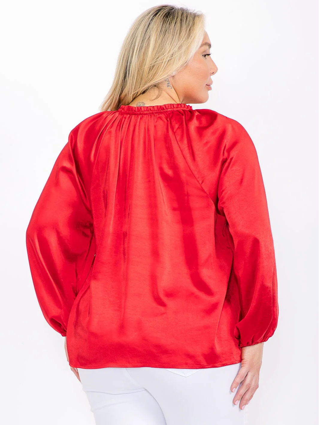 Plus Size Red Long Sleeve Satin Blouse - STT17104SX